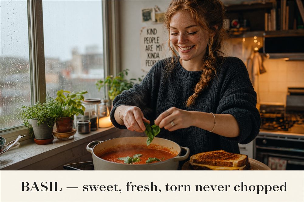 A cook tearing fresh basil into tomato sauce