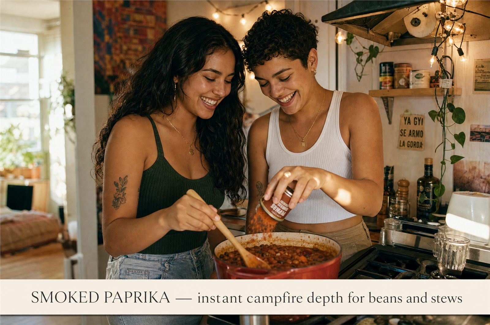 Two home cooks laughing while adding smoked paprika to a pot