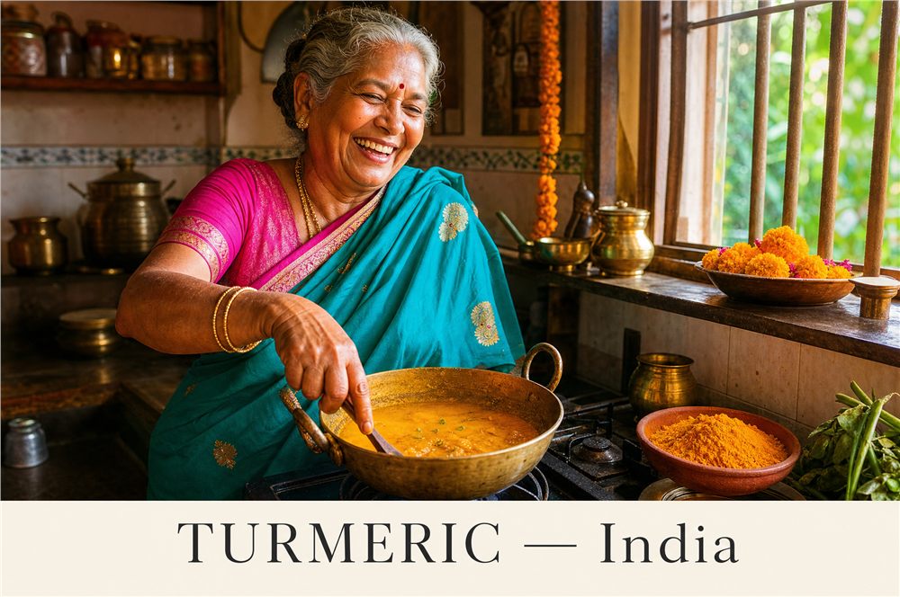 An Indian cook stirring a golden turmeric curry