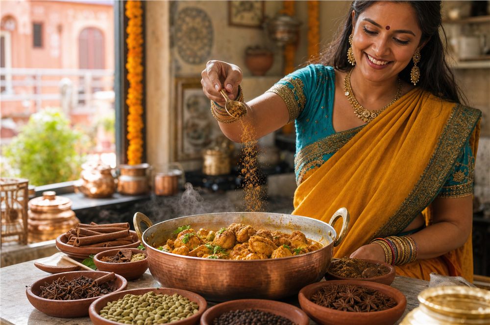 An Indian cook adding garam masala to golden curry in a bright Jaipur kitchen