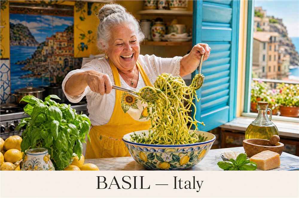 An Italian cook tossing basil pesto pasta