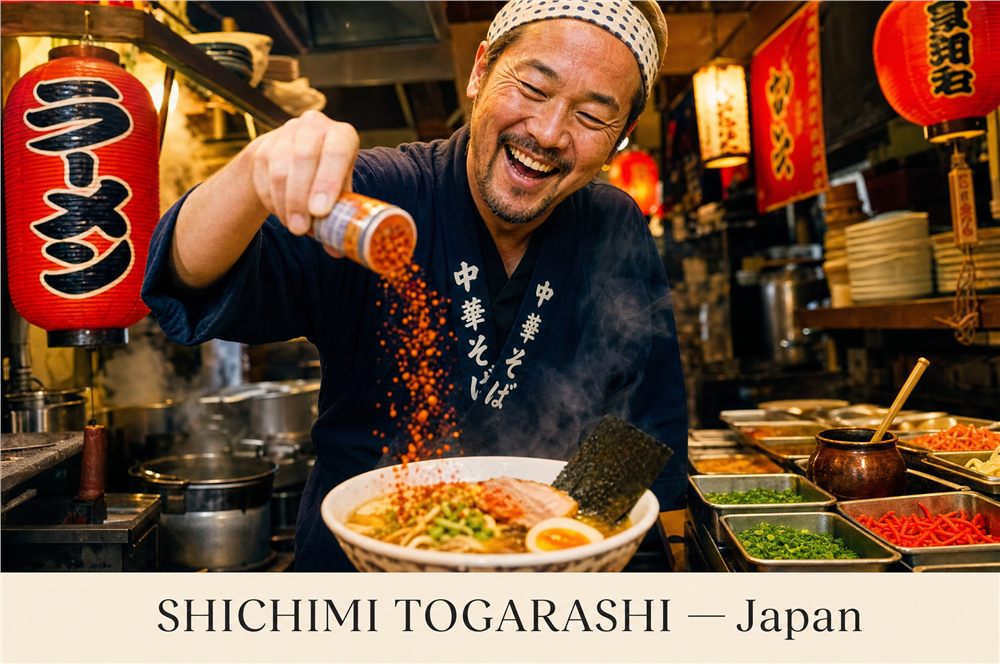 A Japanese chef finishing ramen with shichimi togarashi