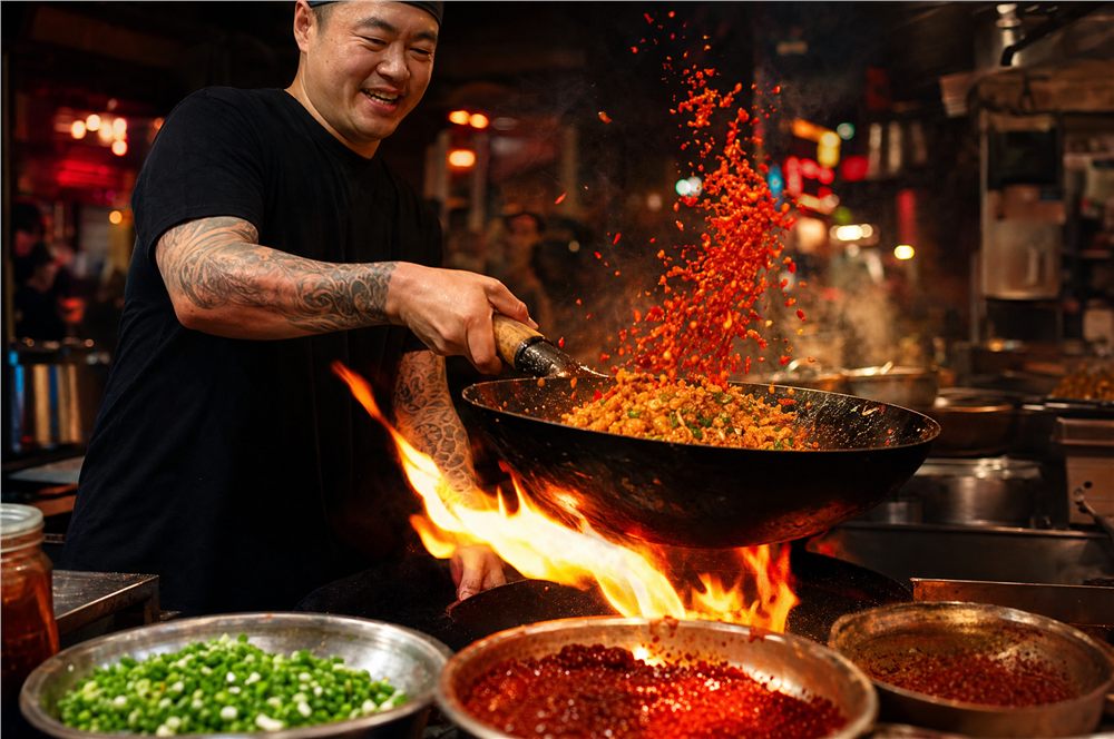 A Korean cook tossing gochugaru kimchi fried rice over a high flame