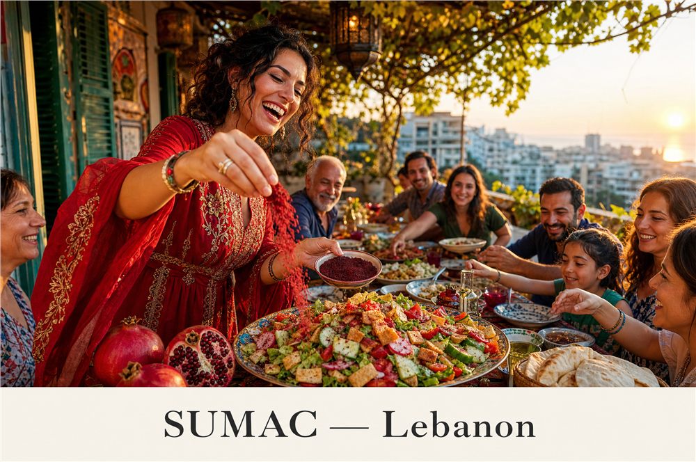 A Lebanese cook finishing fattoush with ruby sumac
