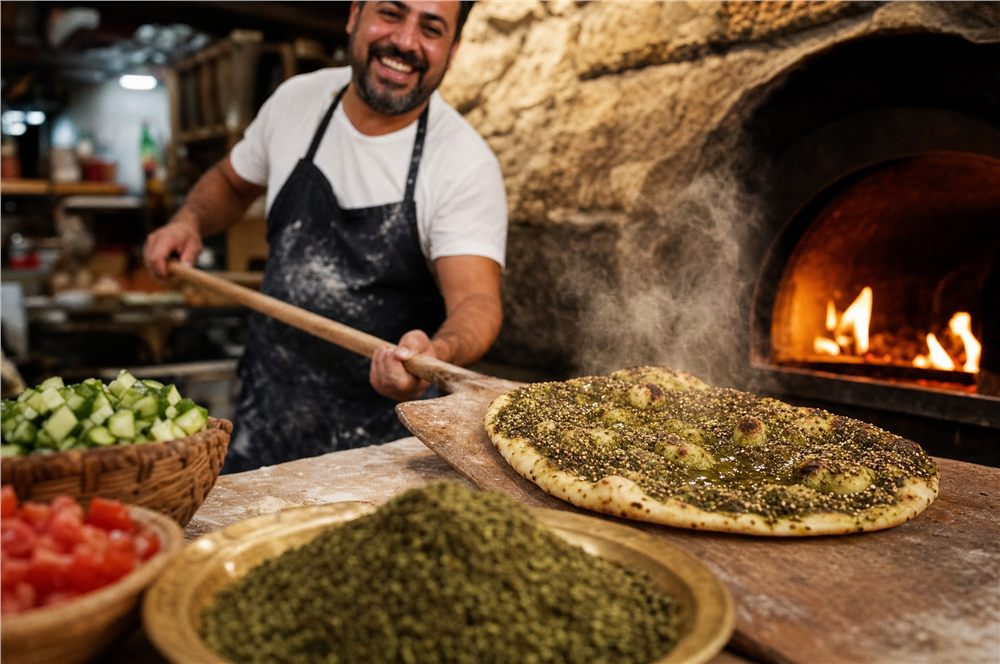 A Lebanese baker pulling za’atar flatbread from a stone oven