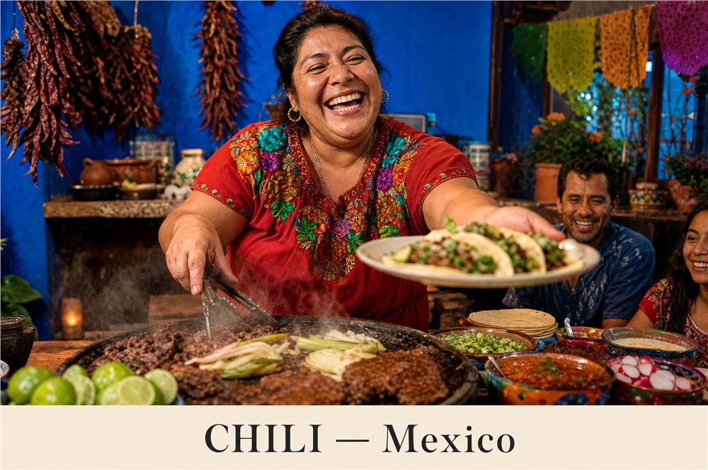 A joyful Mexican cook serving chili-rubbed tacos in a colorful Oaxaca kitchen