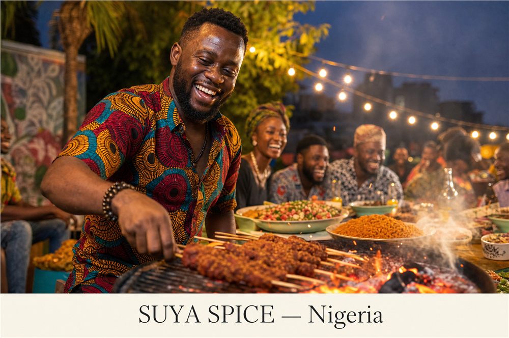 A Nigerian cook grilling suya skewers over glowing coals