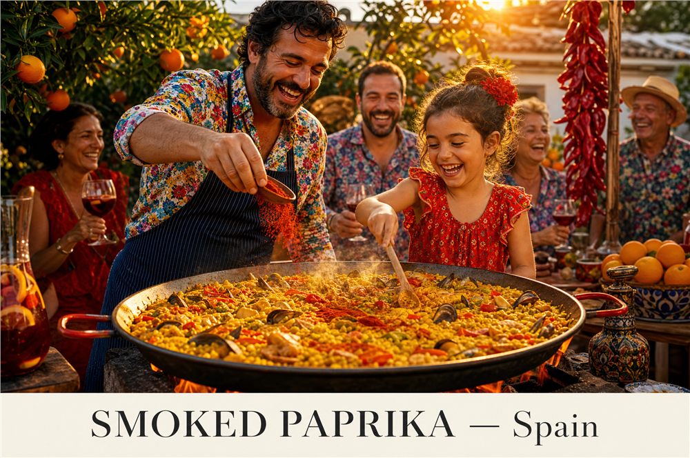 A Spanish family stirring smoked paprika into paella