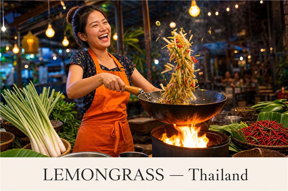 A Thai cook tossing a lemongrass stir-fry over flame