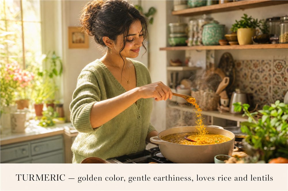 A cook sprinkling turmeric into a pot of lentils