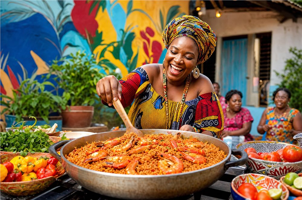 A Nigerian cook stirring shrimp jollof rice in a colorful Lagos courtyard
